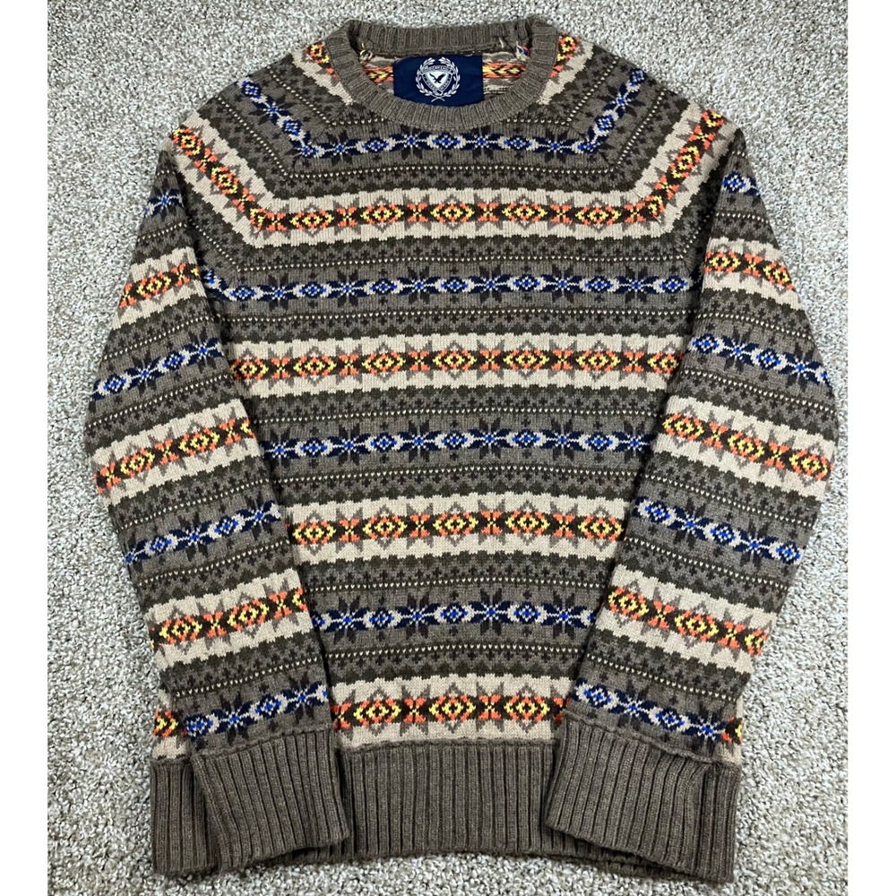 American Eagle Mens Brown Fair Isle Rabbit Hair Blend Crewneck Sweater Small
